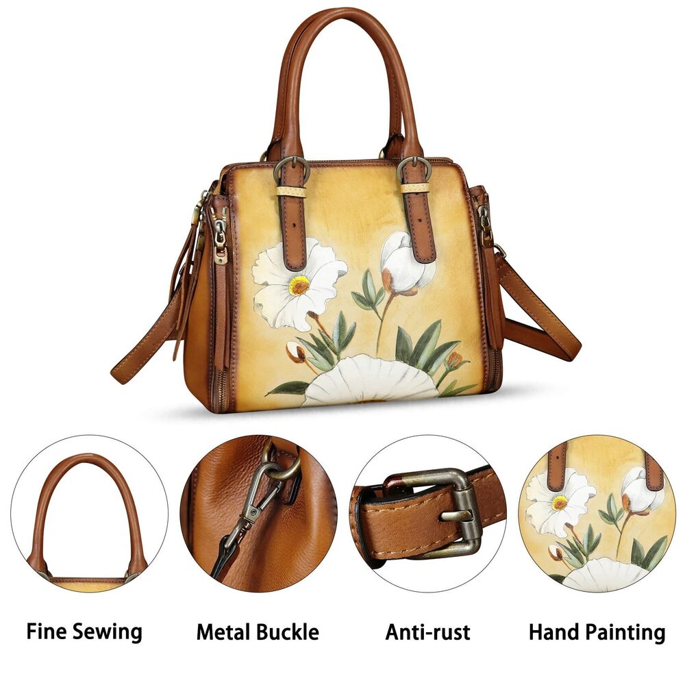 5526 Leather Handbag Hand Painted Leather Top Handle Purse Handmade - Picture 4 of 7
